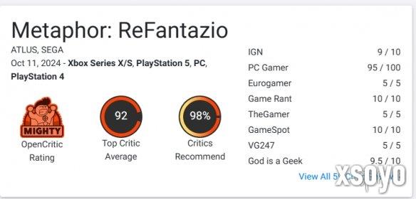 《暗喻幻想：ReFantazio》OC站 92分！媒体推荐度98%