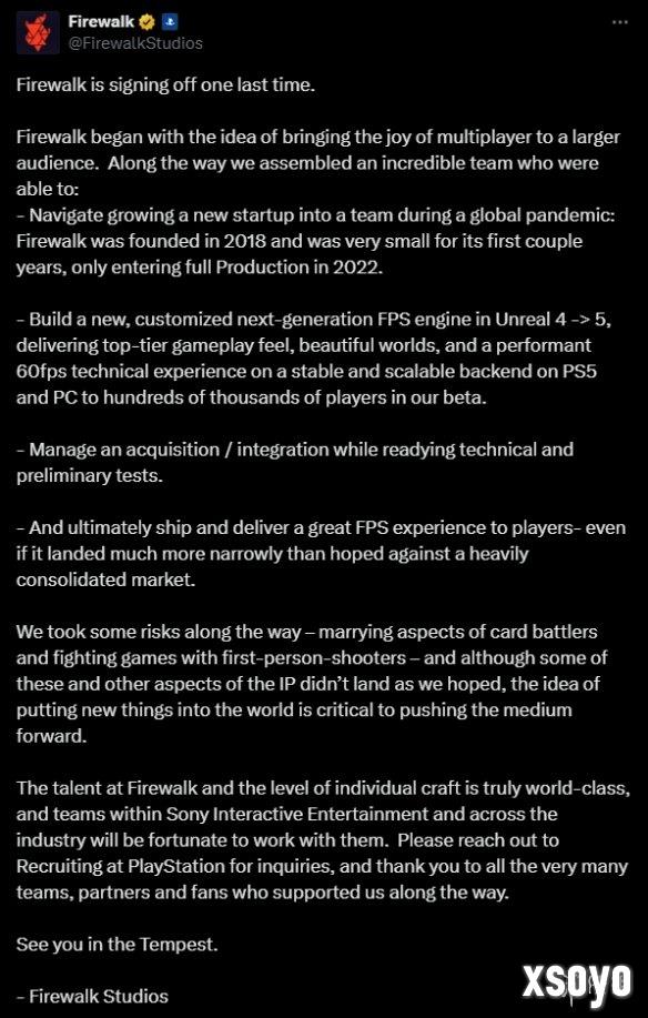 《星鸣特攻》成遗作！Firewalk工作室被关闭发文告别