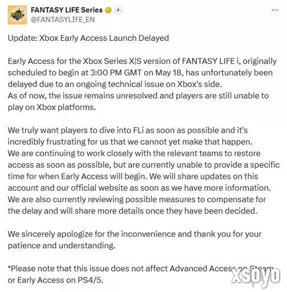《幻想生活i》Xbox版跳票发布紧急公告：技术故障
