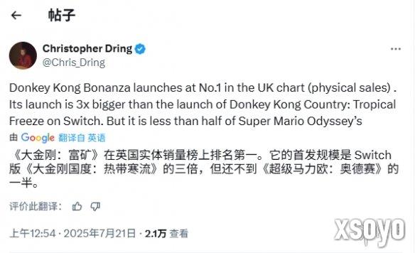 《咚奇刚：蕉力全开》英国首发销量火爆 超前作3倍！