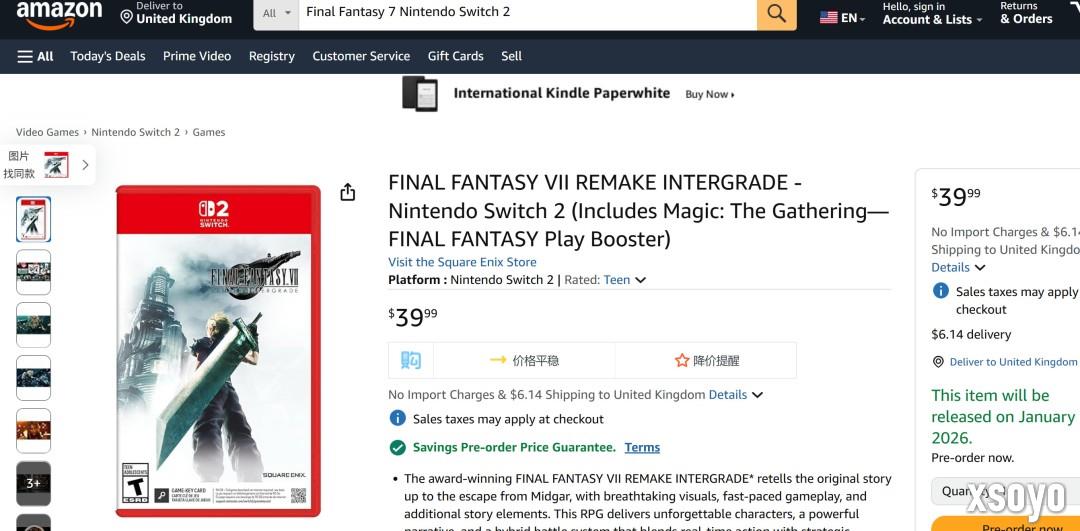 《最终幻想7：重制版Intergrade》Switch 2盒装版40美元 预购奖励公开