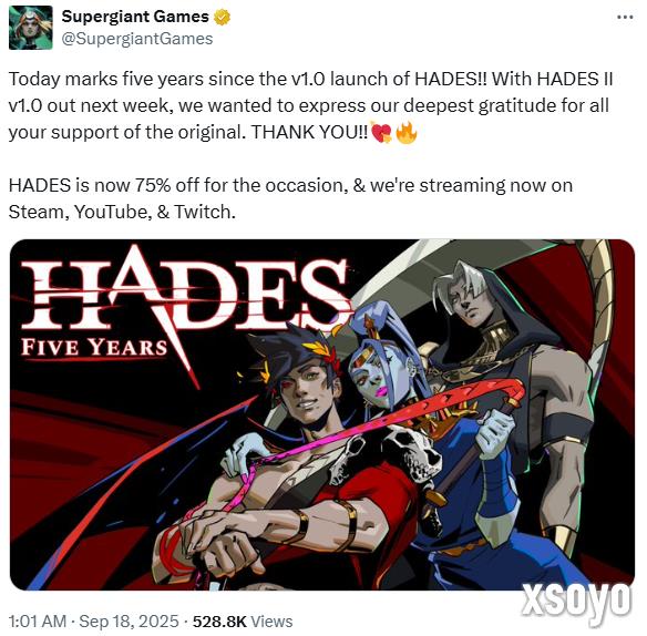 《哈迪斯》现已发售5周年！Steam开启新史低促销
