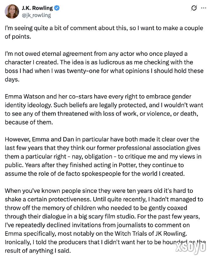 JK罗琳拒绝和艾玛・沃森和解 称其无知、假慈悲