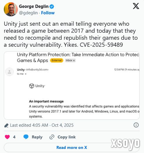 Unity曝出安全漏洞 黑曜石紧急下架《禁闭求生2》等四款游戏
