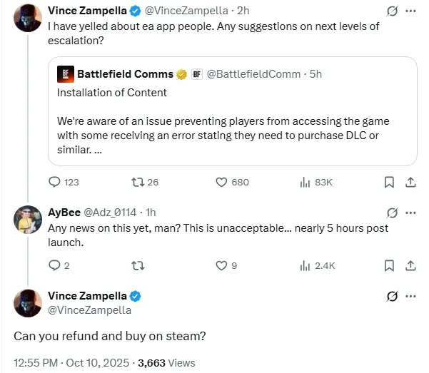 《战地6》老板直接劝玩家放弃EA App：退款买Steam版