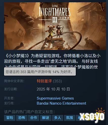 小小梦魇3口碑崩塌:Steam简中区好评率仅14%