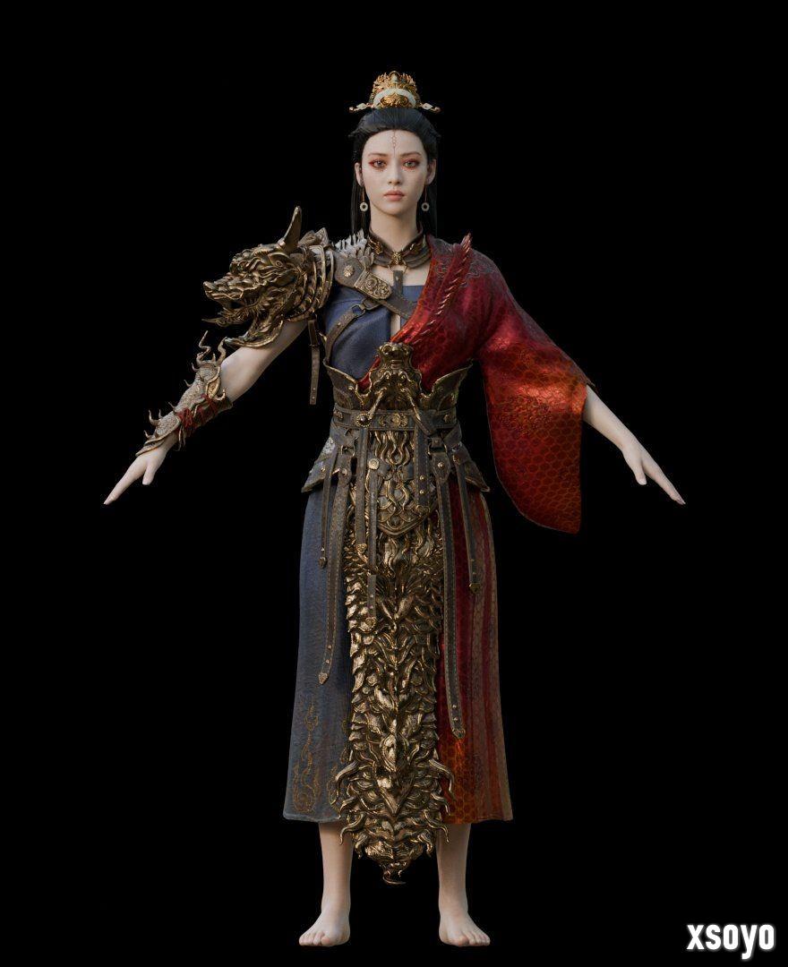 《黑神话：悟空》亢金星君3D模型图  与亢金龙嬉戏