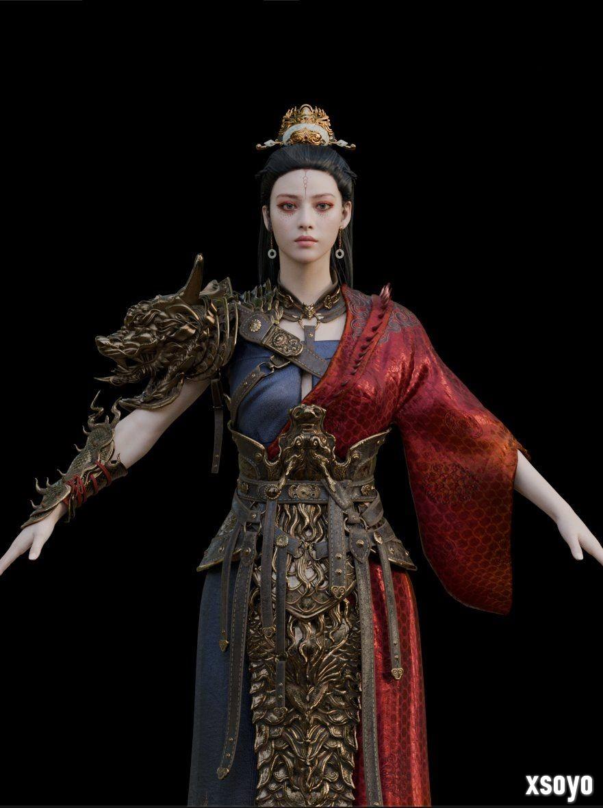 《黑神话：悟空》亢金星君3D模型图  与亢金龙嬉戏