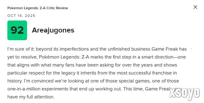 《宝可梦传说 Z-A》M站均分81：目前最出色的宝可梦游戏！