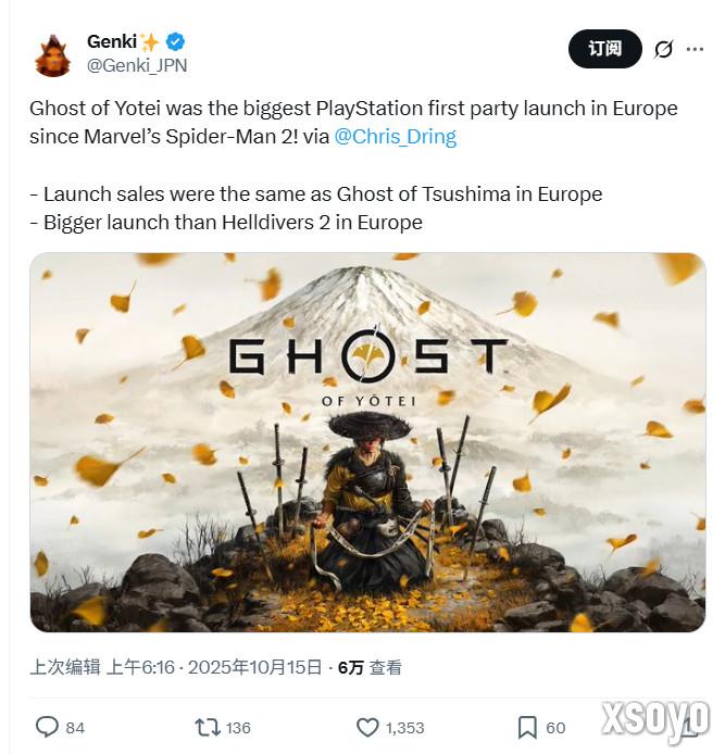 《羊蹄山之魂》欧洲销量和前作《对马岛之鬼》差不多