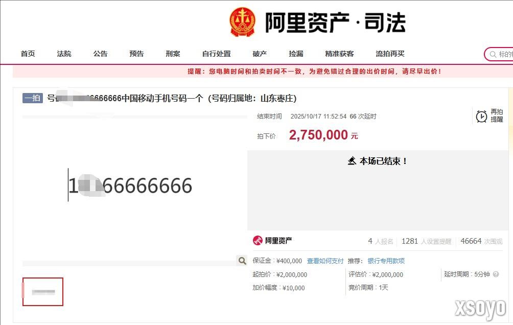尾号66666666手机号275万成交：超过起拍价75万