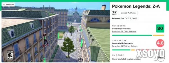 玩家不买账!《宝可梦传说 Z-A》M站评分跌至4.3?