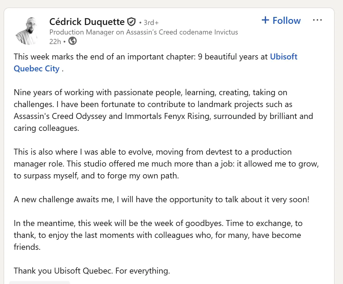 《刺客信条》独立多人游戏《刺客信条:Invictus》关键开发者离职