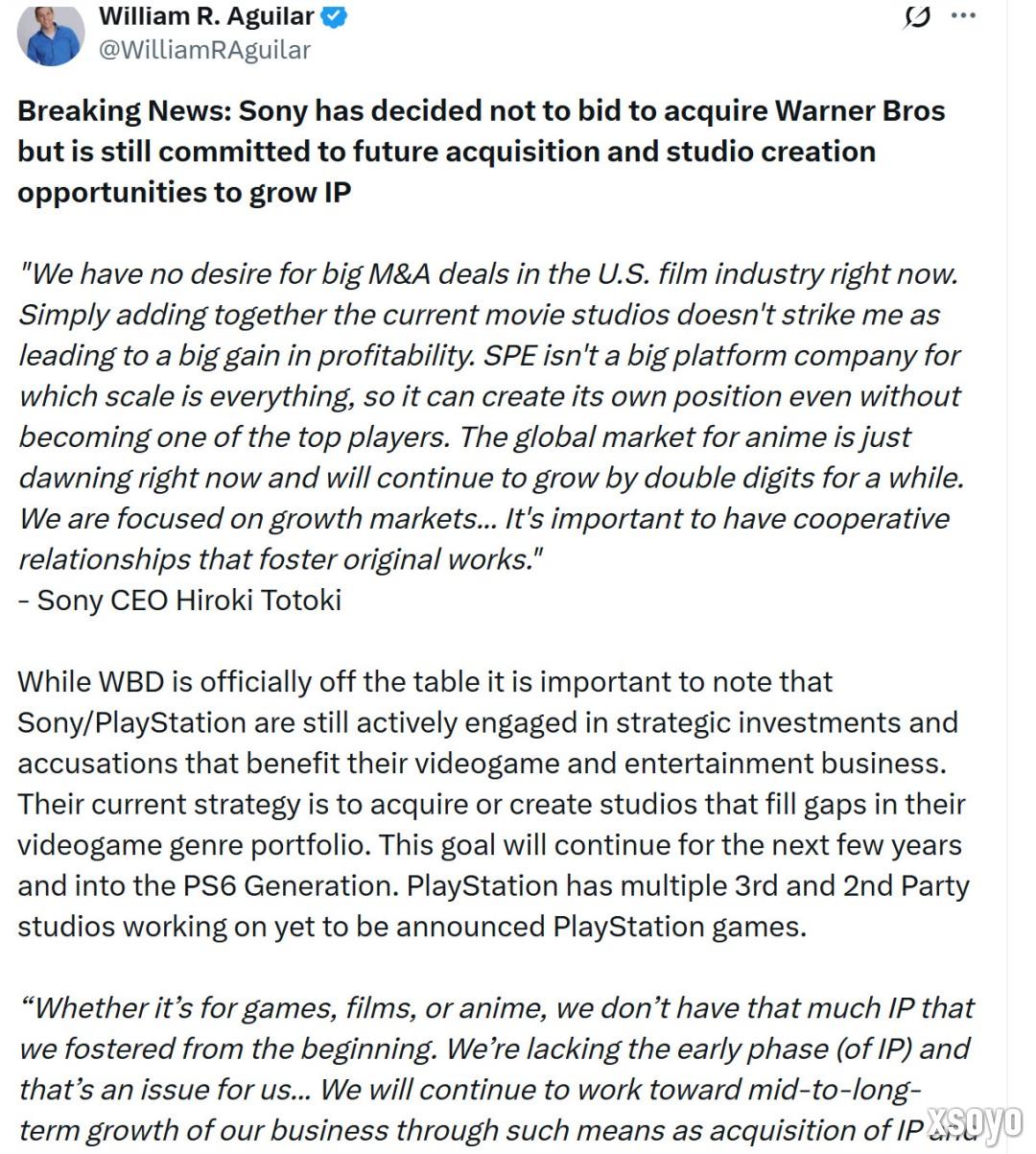 索尼对收购华纳兄弟没兴趣 专注于动画和游戏领域