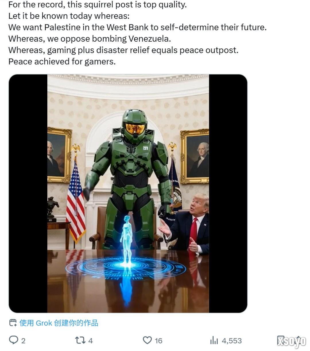 特朗普化身士官长 白宫发AI图庆祝《光环》上PS