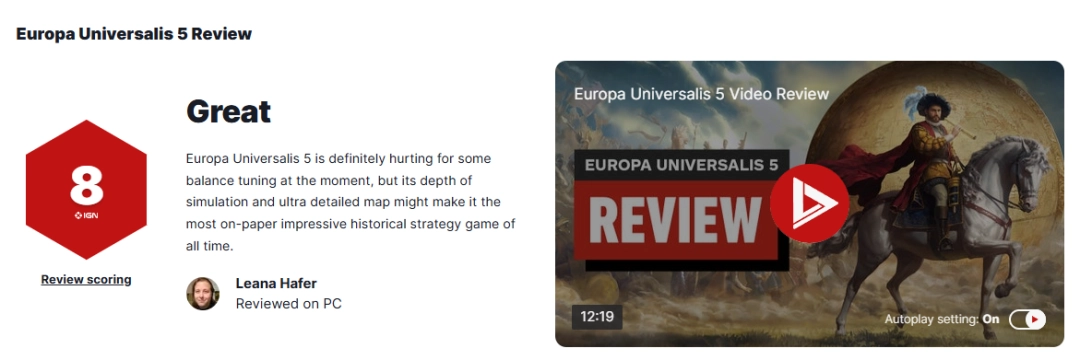 《欧陆风云5》M站均分85！IGN8分好评称未来可期