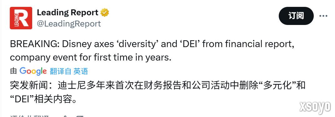 迪士尼在财务报告中不提DEI 五年来首次