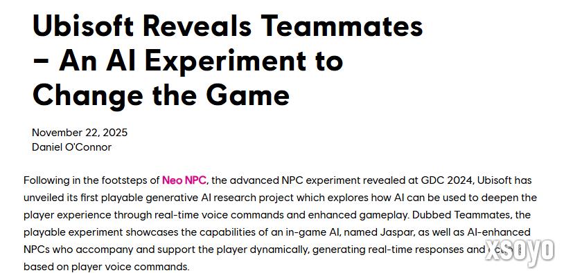 育碧公布新AI研究Teammates 让游戏NPC能够听懂玩家指示