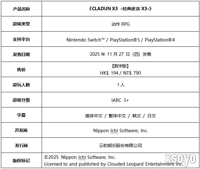 《CLADUN X3 -经典迷宫 X3-》简体中文版现已于2025年11月27日发售