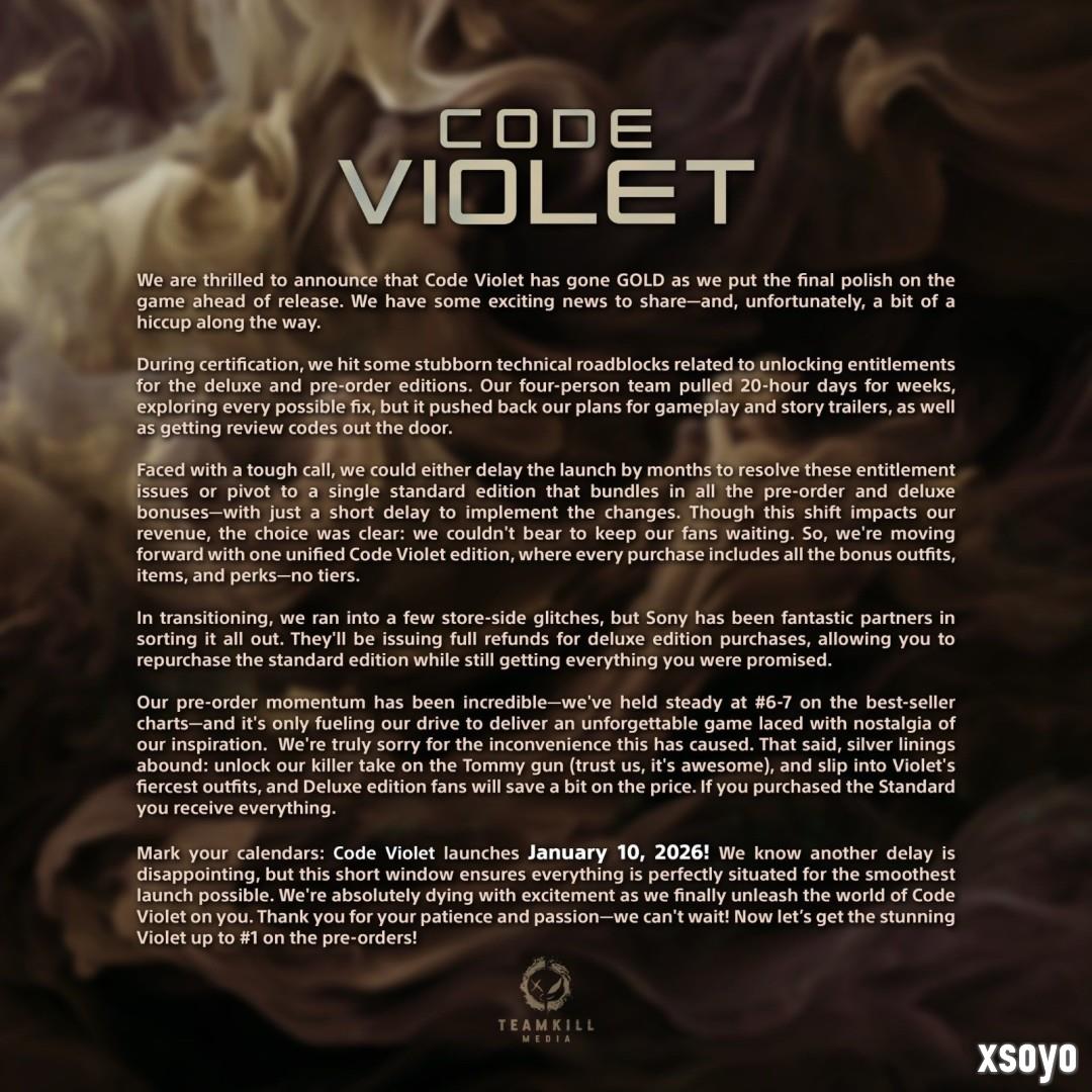 《Code Violet》再次跳票 2026年1月10日发售